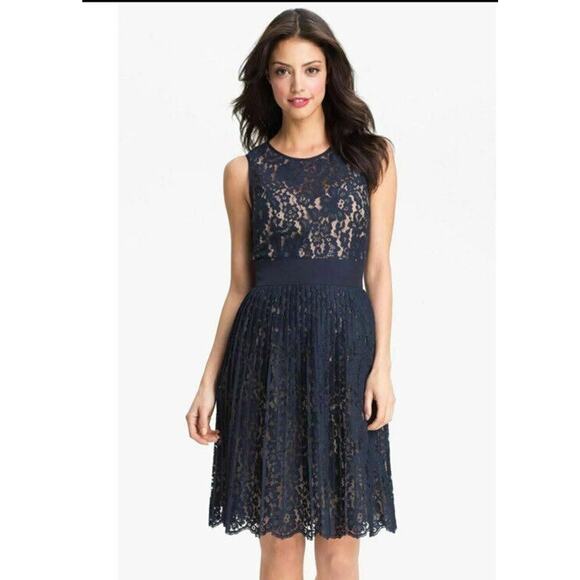 Eliza J Dress Size 8 Navy Blue Lace Pleated Dress Coquette Wedding Date Night - Picture 1 of 11